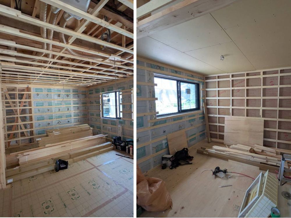 【天井石膏ボード施工中】